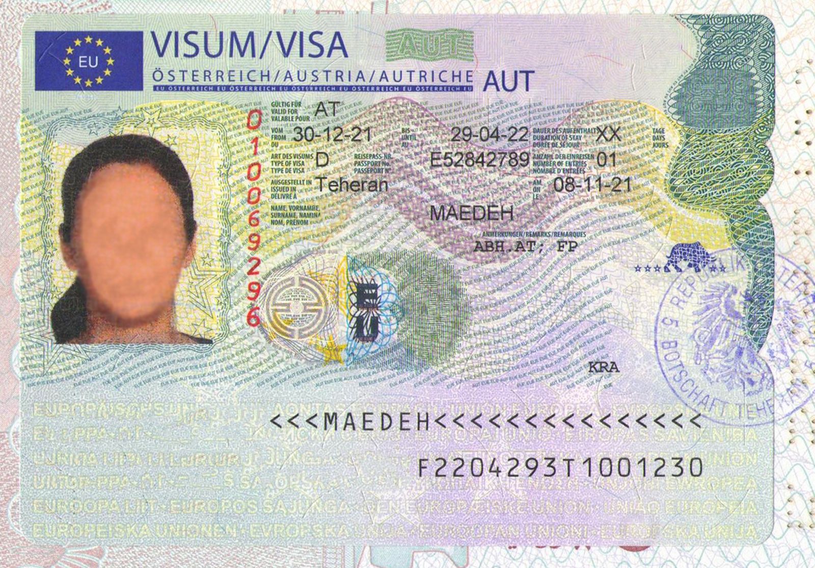ویزای اخذ شده خانم y توسط موسسه اورانوس